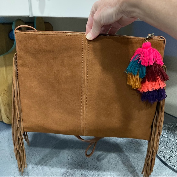 MARK & GRAHAM Fringed Cross Body Bag Purse Tan Leather and Suede NWOT - Picture 6 of 10